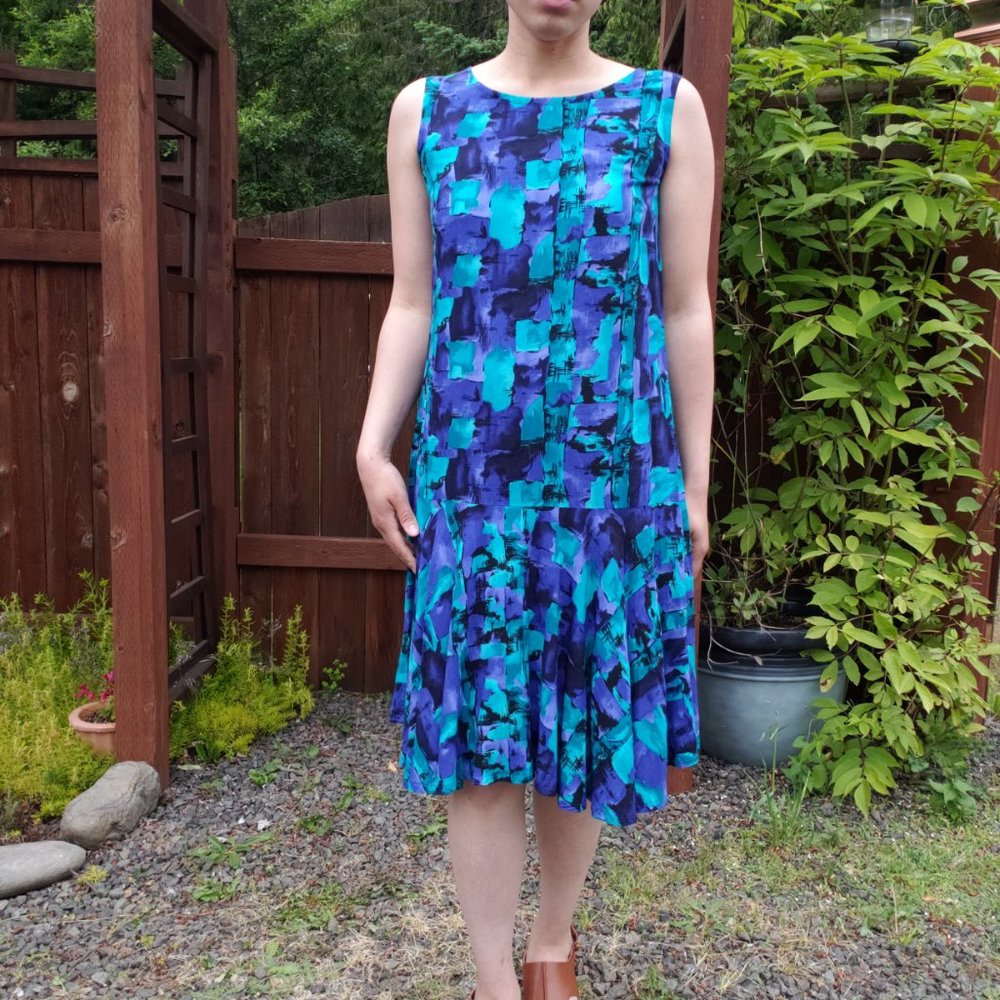 Retro Vintage Handmade Blue Abstract Print Knee-length Dress Size M-Large